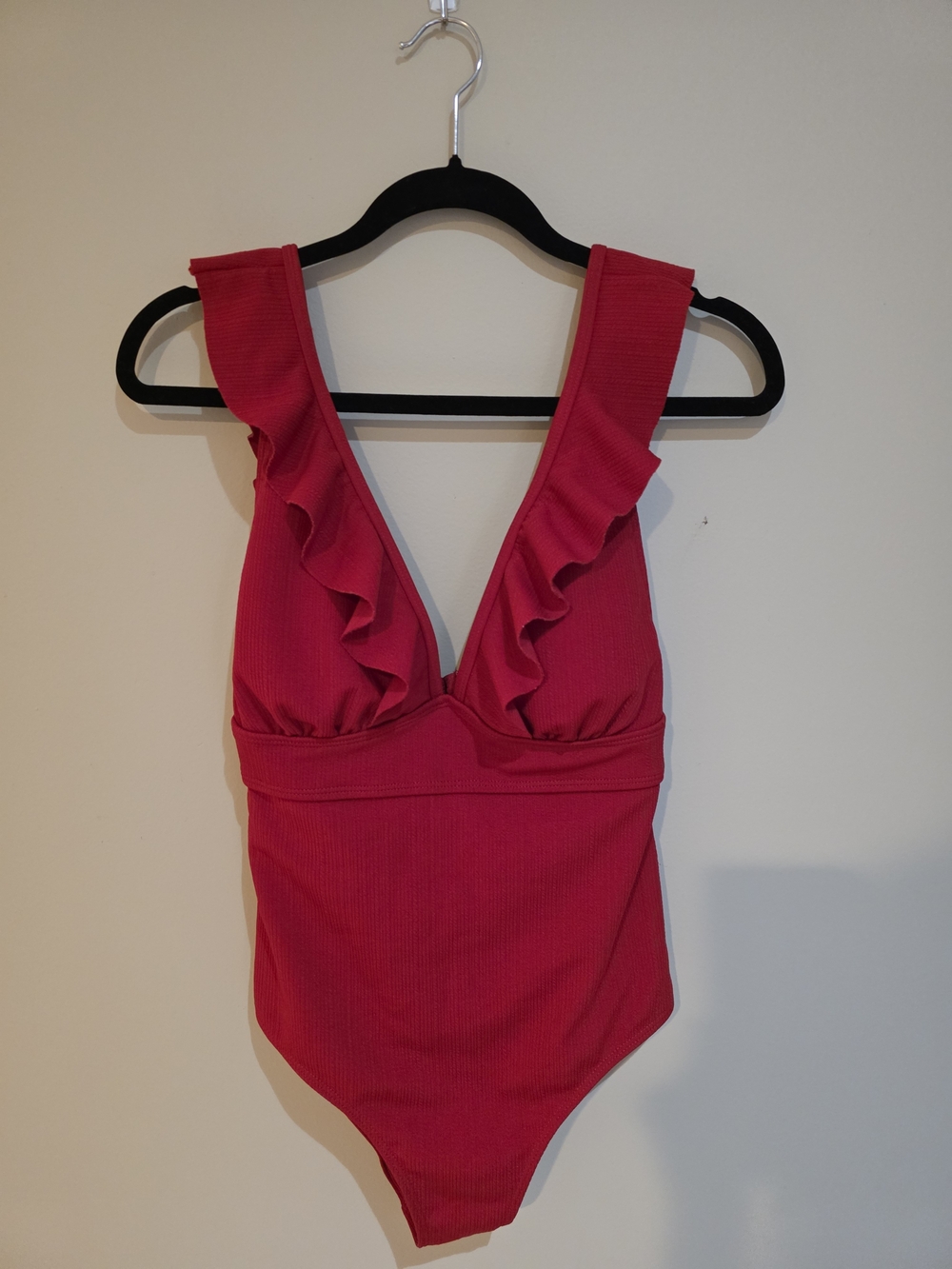 Ruffled V-Neck One-Piece Swimsuit — Hot Pink